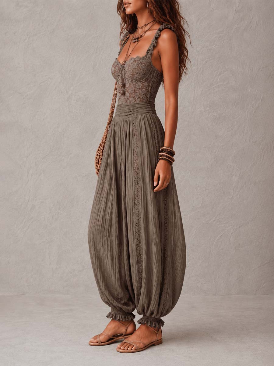 Nieves • Conjunto de bandeau de encaje gris y pantalones harem de algodón plisados - Musa de Ibiza