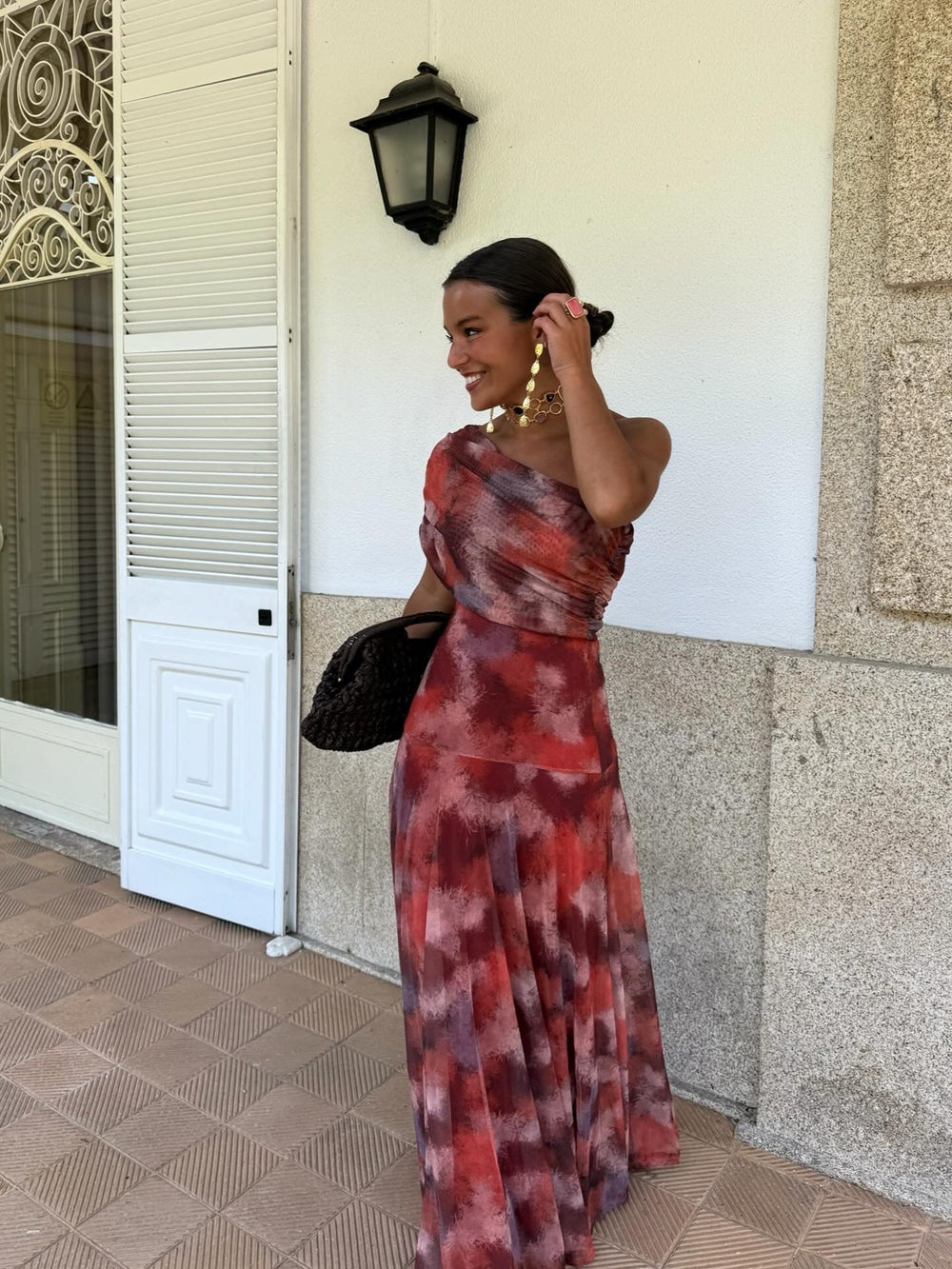 Elena – Vestido Largo Hombro Caído Acuarela - Musa de Ibiza