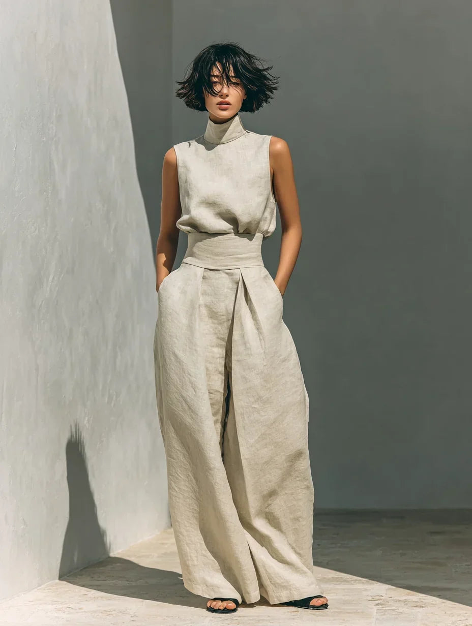 Conjunto de algodón y lino caqui: blusa sin mangas y pantalón largo de pernera ancha.