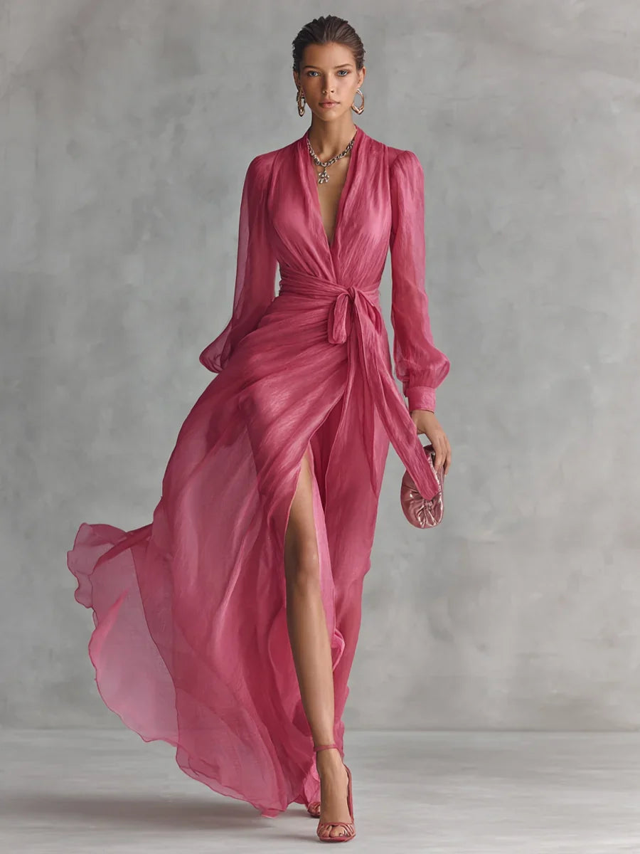 Vestido maxi de gasa rosa fucsia con escote en V cruzado y falda vaporosa con abertura