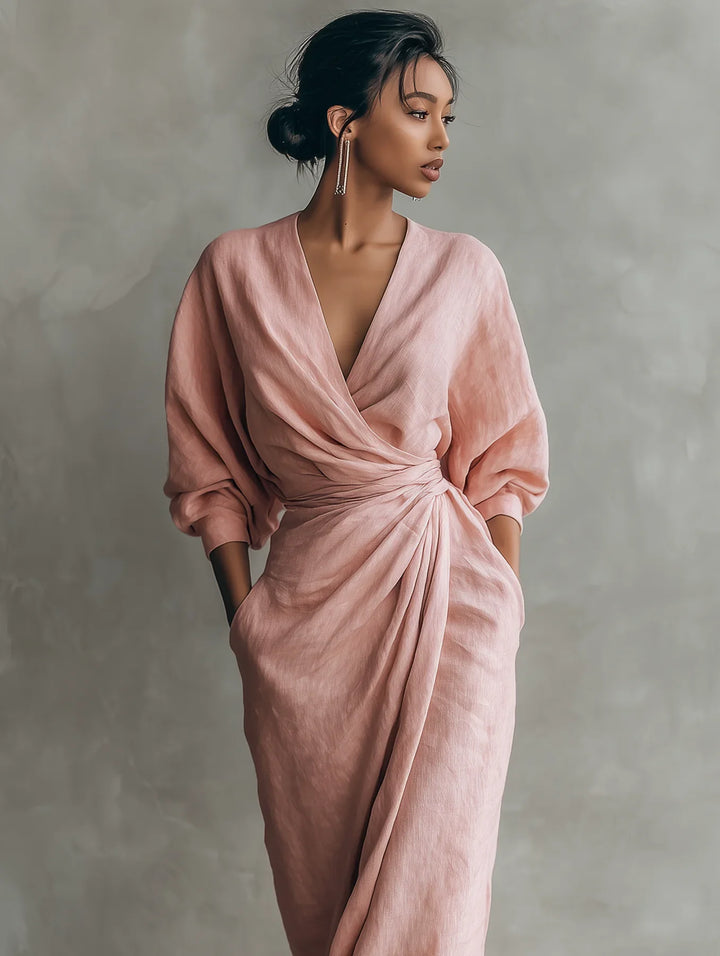 Vestido maxi rosa con escote en V, nudo frontal drapeado y mangas globo
