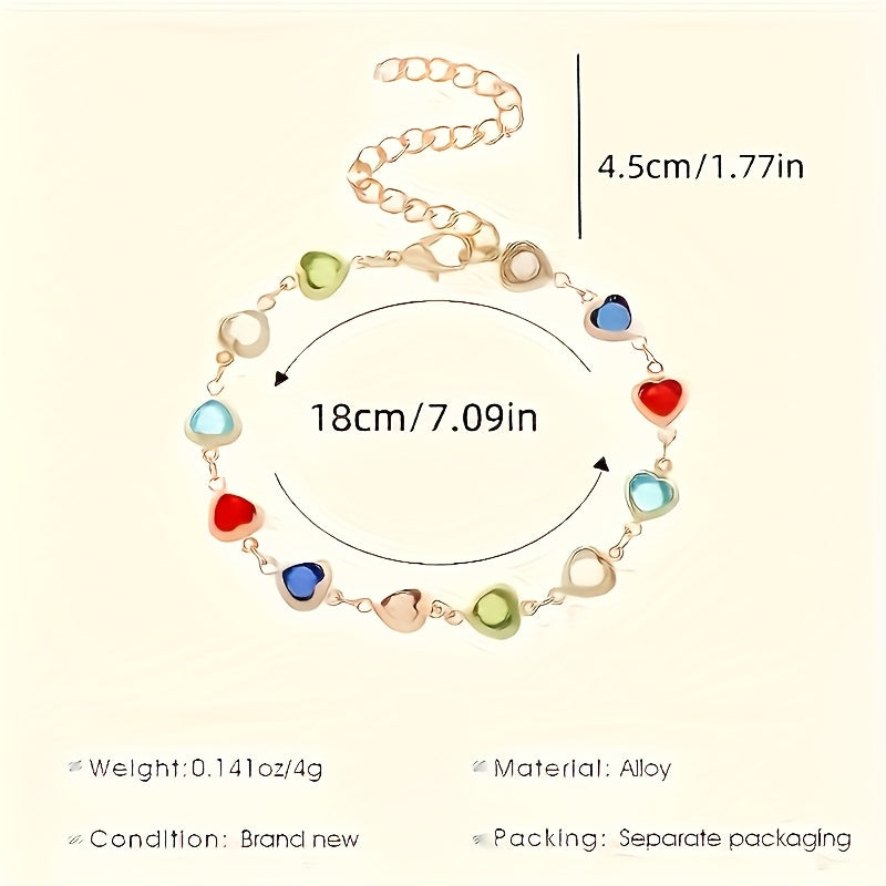 Pulsera de corazones multicolor con cadena dorada y dijes de colores, 18 cm