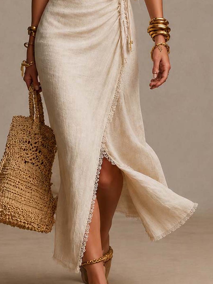 Musa | Vestido Midi en Lino Natural con Escote Cruzado y Encaje