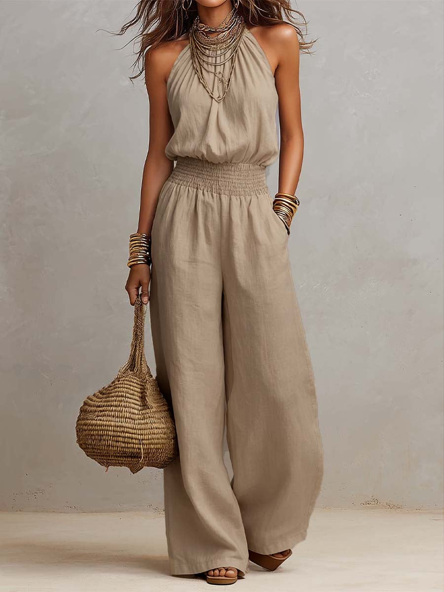 Valeria – Mono Elegante de Cuello Halter color Caqui - Musa de Ibiza