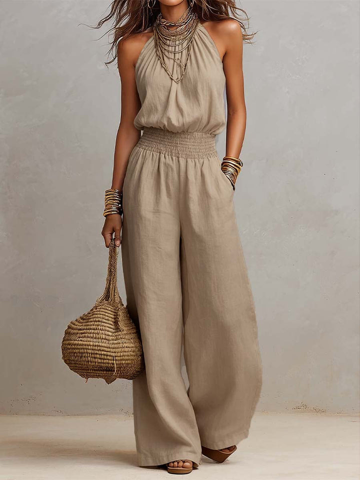 Valeria – Mono Elegante de Cuello Halter color Caqui - Musa de Ibiza