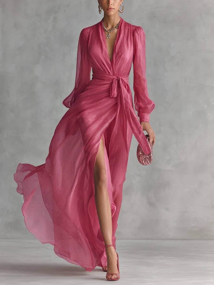 Vestido maxi de gasa rosa fucsia, escote en V y frunce con lazo en la cintura