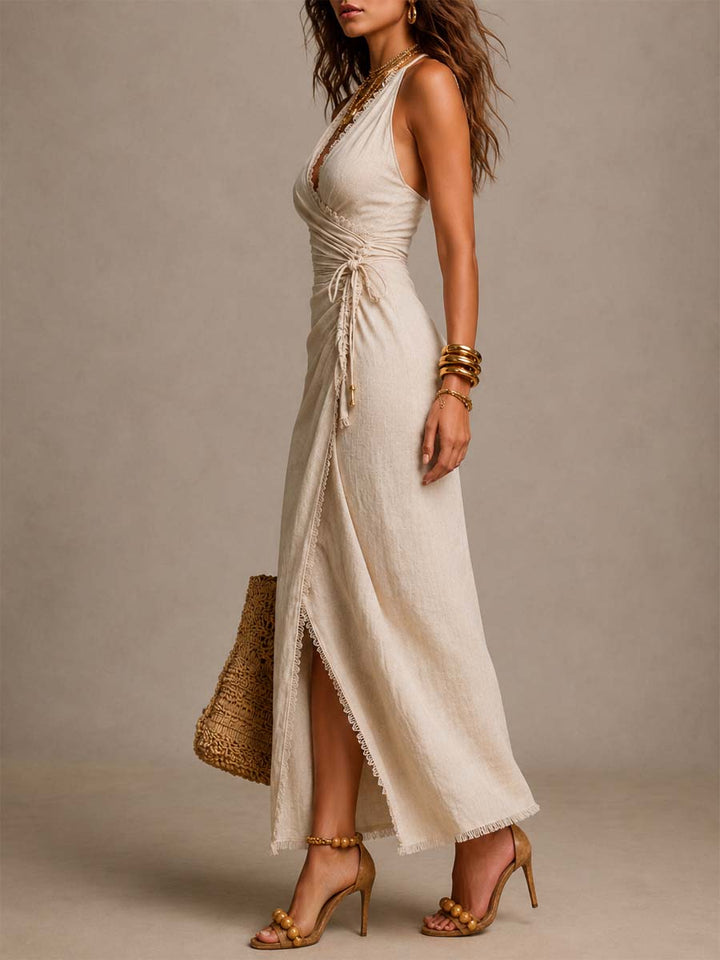 Musa | Vestido Midi en Lino Natural con Escote Cruzado y Encaje
