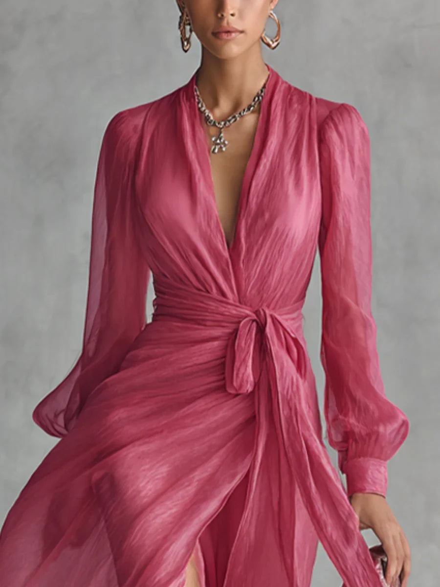 Vestido maxi de gasa rosa fucsia con escote en V profundo y lazo fruncido en la cintura