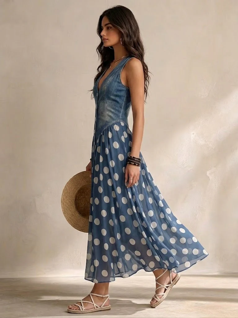 Vestido midi sin mangas de chifón azul con lunares blancos y botones al frente