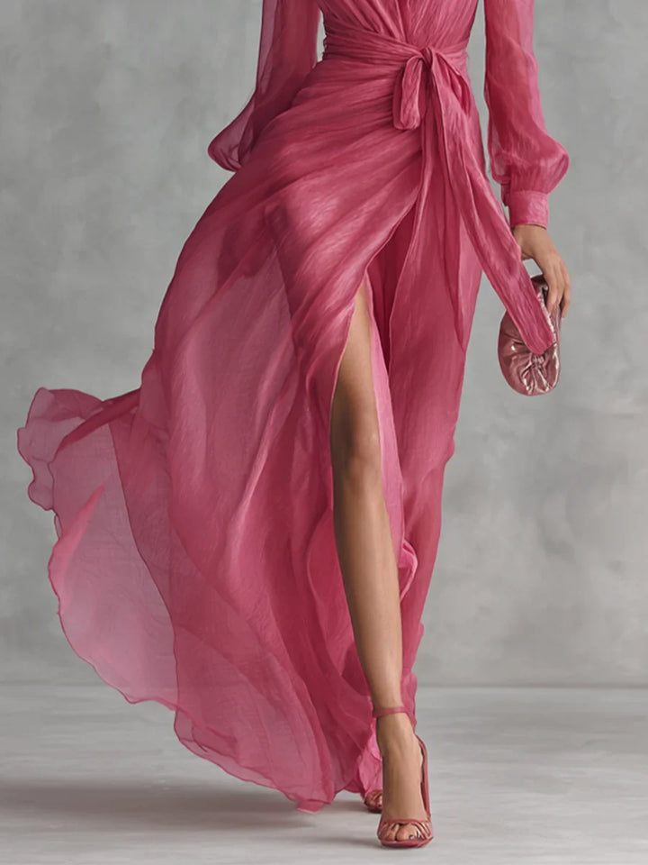 Vestido maxi de gasa rosa fucsia, falda larga con abertura frontal y mangas abullonadas