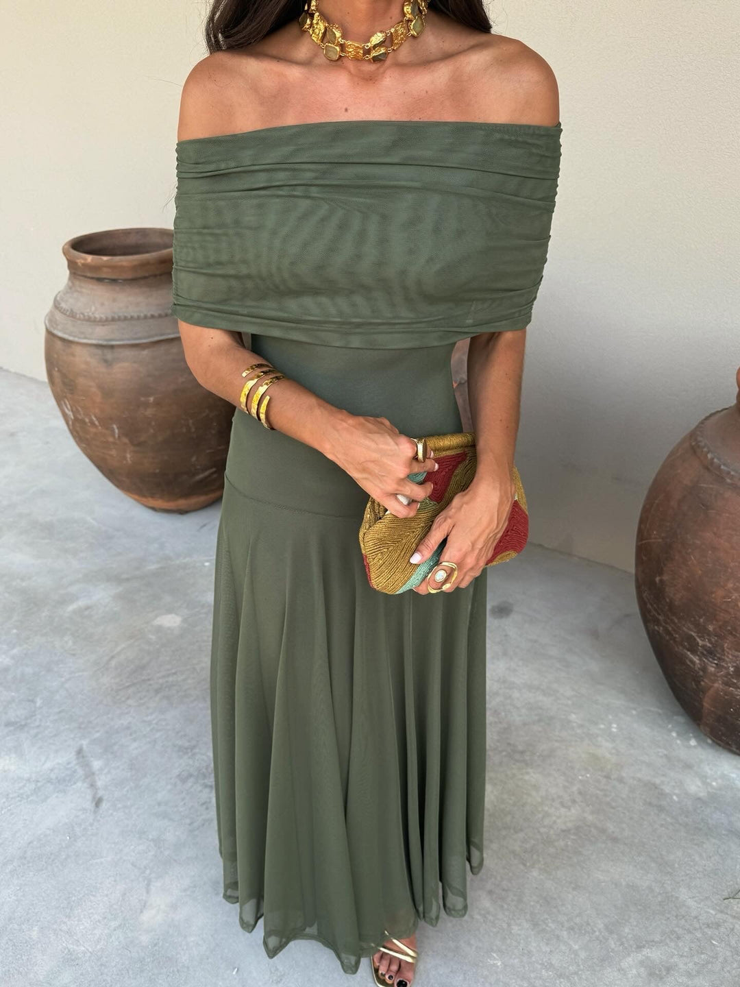 Inés™ | Vestido Largo Hombro Caído Terracota
