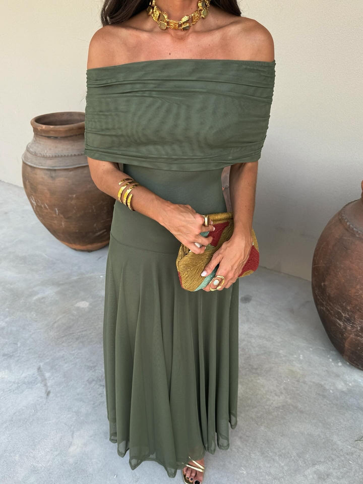 Inés™ | Vestido Largo Hombro Caído Terracota