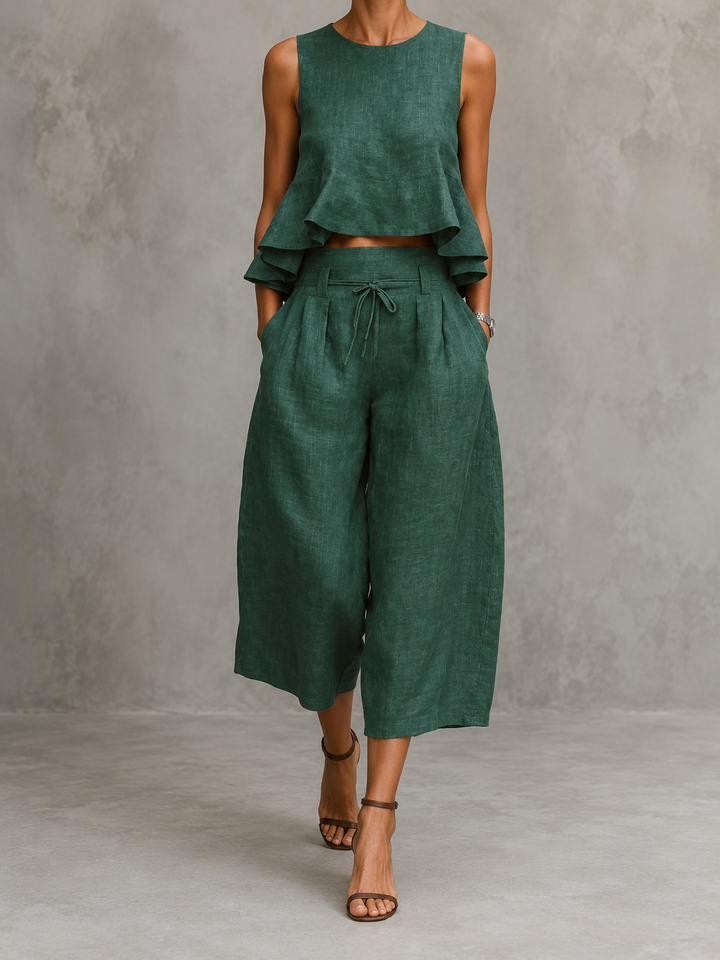 Conjunto mujer verde: blusa sin mangas con volantes y pantalón amplio con lazo
