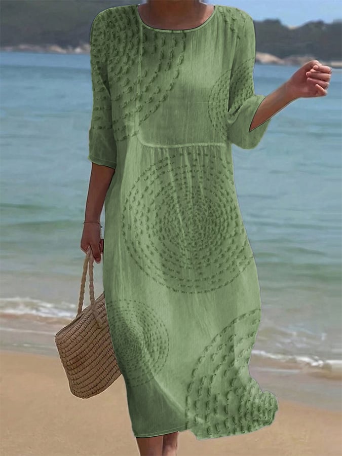 Vestido casual bordado de mujer, manga corta, color verde, falda con caída