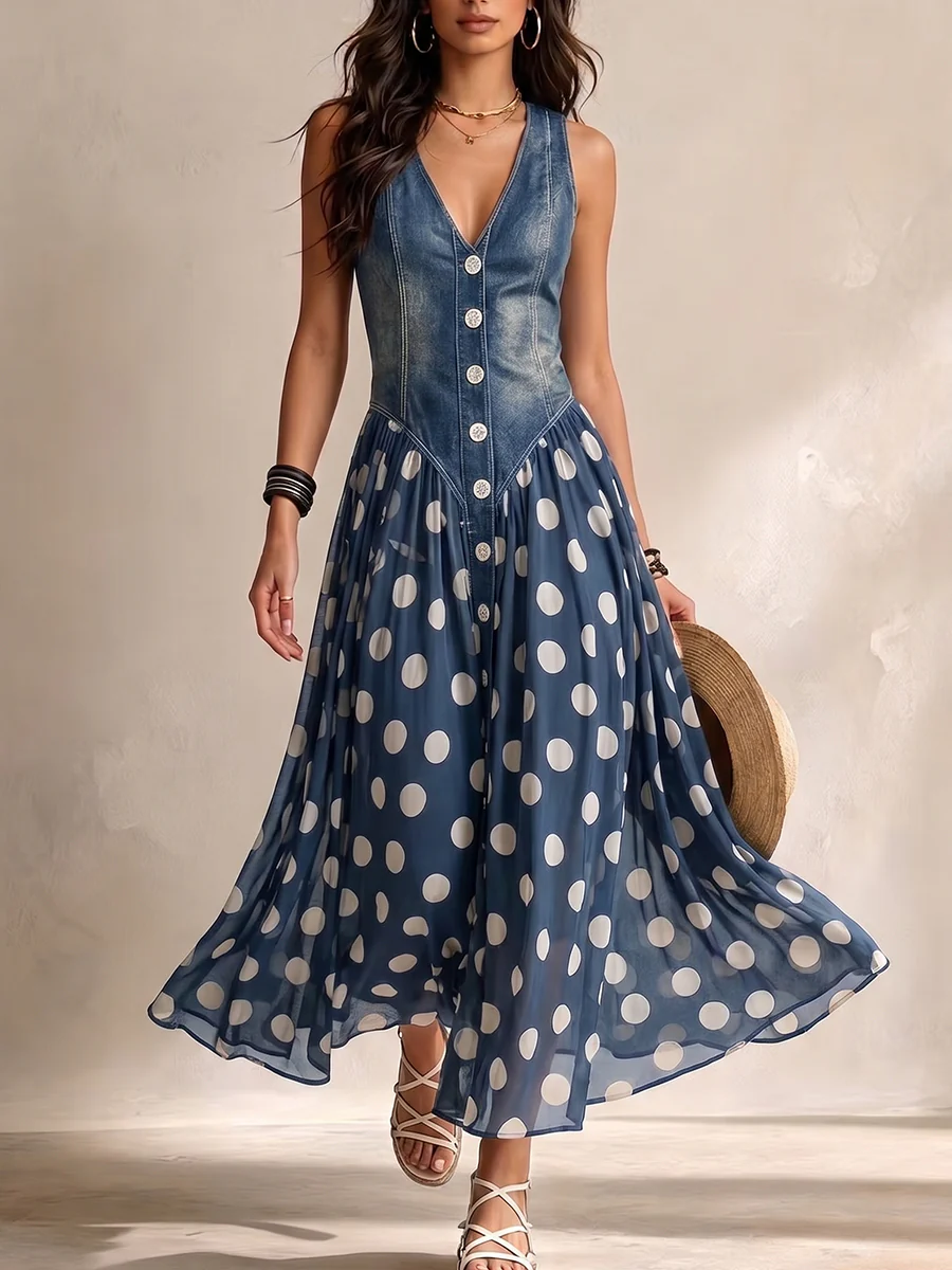 Vestido midi de chifón azul con lunares blancos y botones, escote en V sin mangas