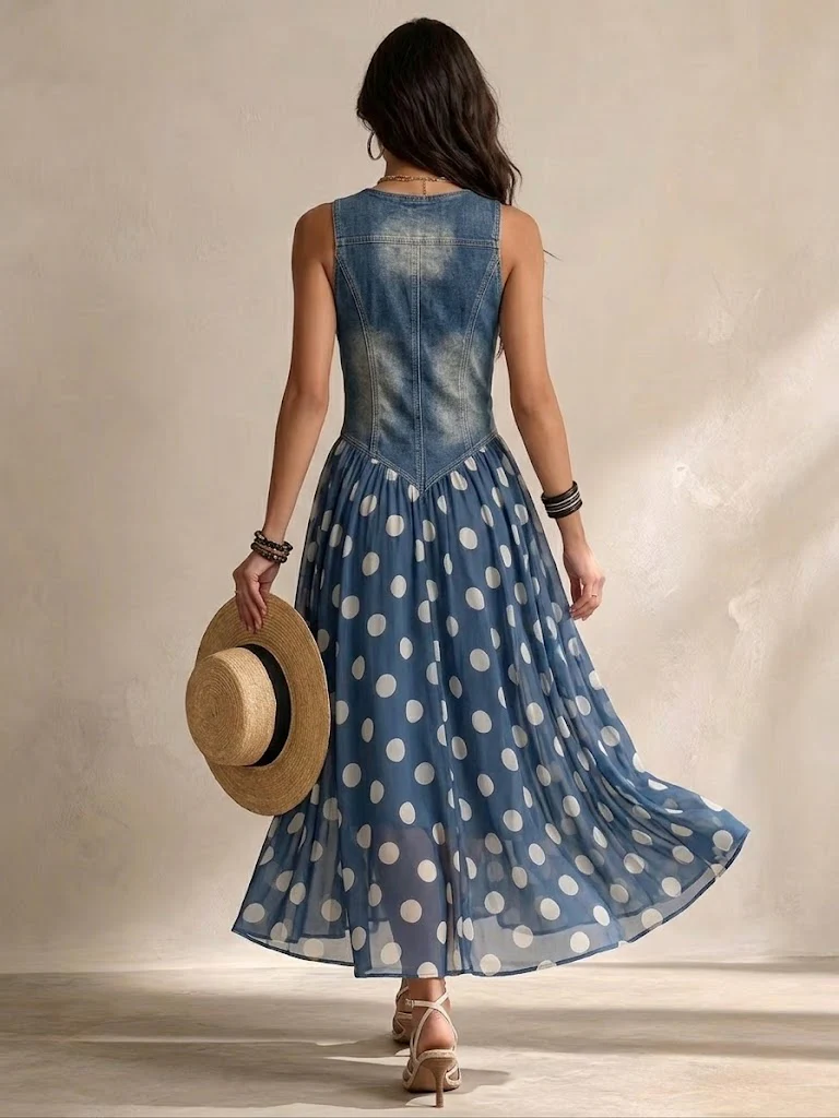 Vestido midi sin mangas de chifón azul con lunares blancos, vista trasera