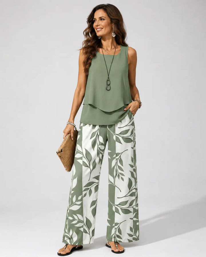 Daniela™ | Conjunto Verde Salvia Blusa y Pantalón Botánico