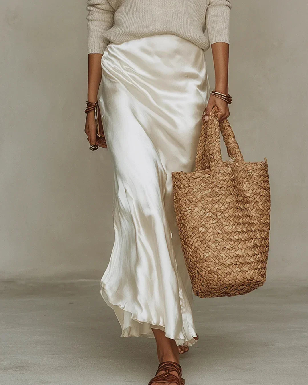 Vestido midi de satén blanco con parte superior de jersey beige y falda con caída