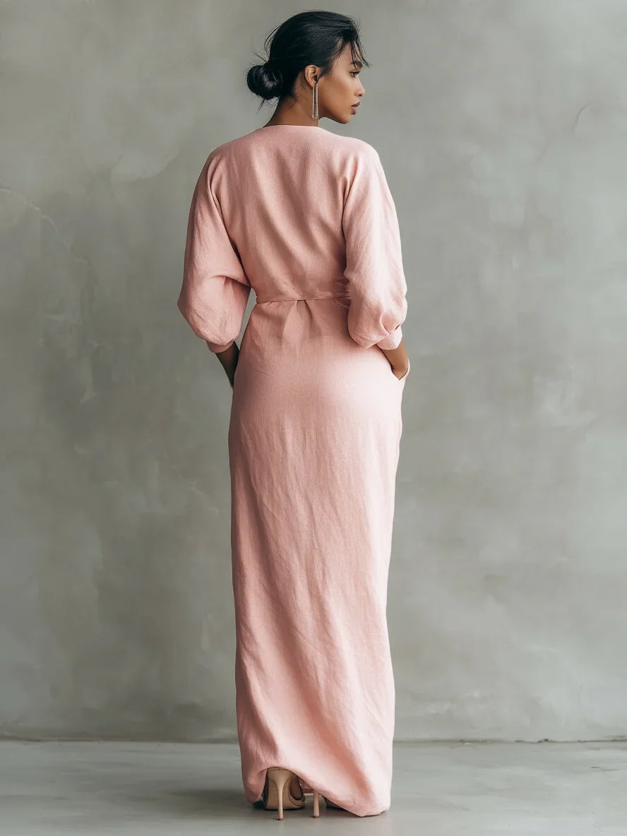 Vestido maxi rosa con drapeado en la cintura y manga globo, falda larga