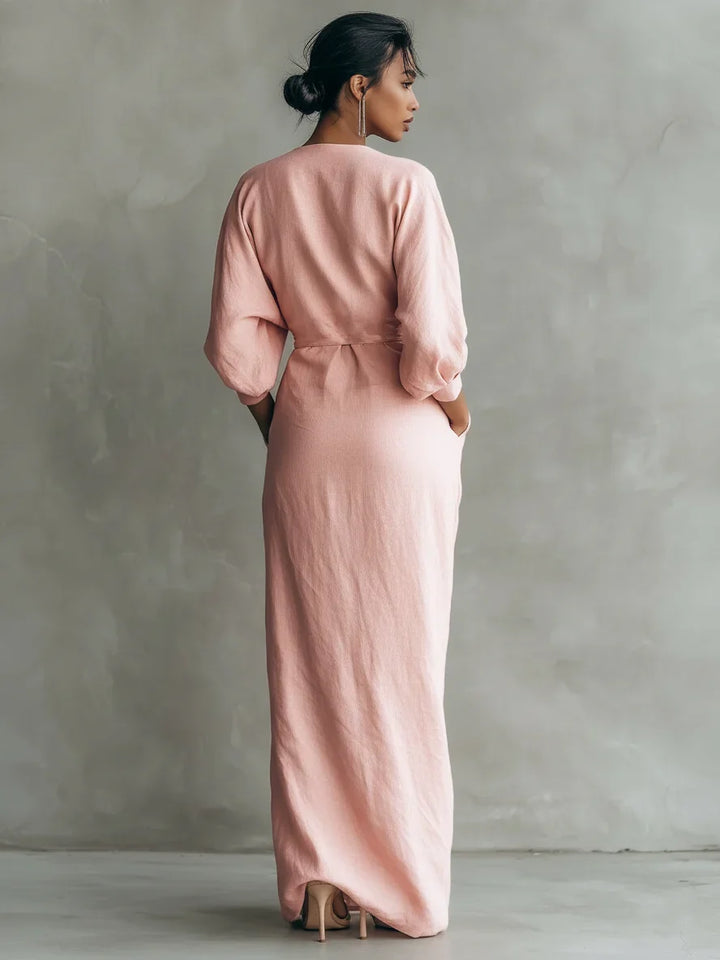 Vestido maxi rosa con drapeado en la cintura y manga globo, falda larga