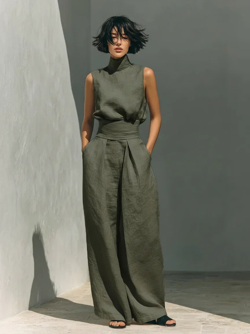 Conjunto de algodón y lino verde: top sin mangas y pantalón largo de pernera ancha.