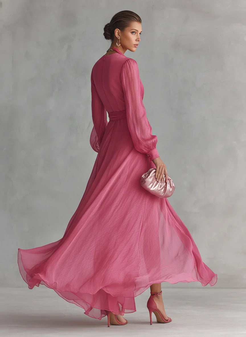 Vestido maxi de gasa rosa fucsia con escote en V, cinturón con lazo y abertura frontal