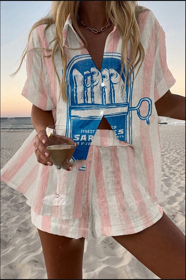 Conjunto Kylee™ Hora dorada: camiseta y short a rayas rosa con estampado azul