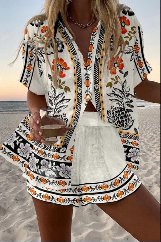 Conjunto Maci™ de blusa y shorts estampados florales con botones y cintura elástica