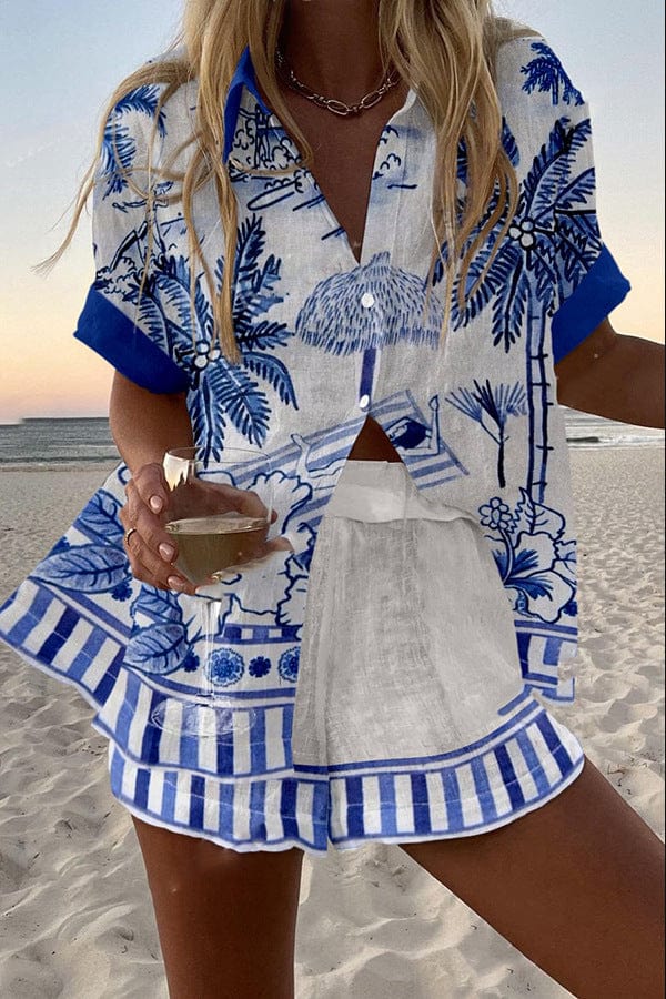 Conjunto de blusa y falda de dos piezas, estampado azul y blanco, botones frontales