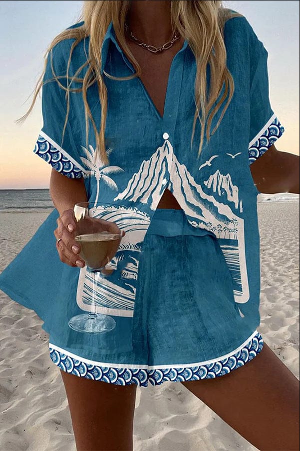 Conjunto de rituales del alba Baylor™, top tipo túnica con estampado y short azul