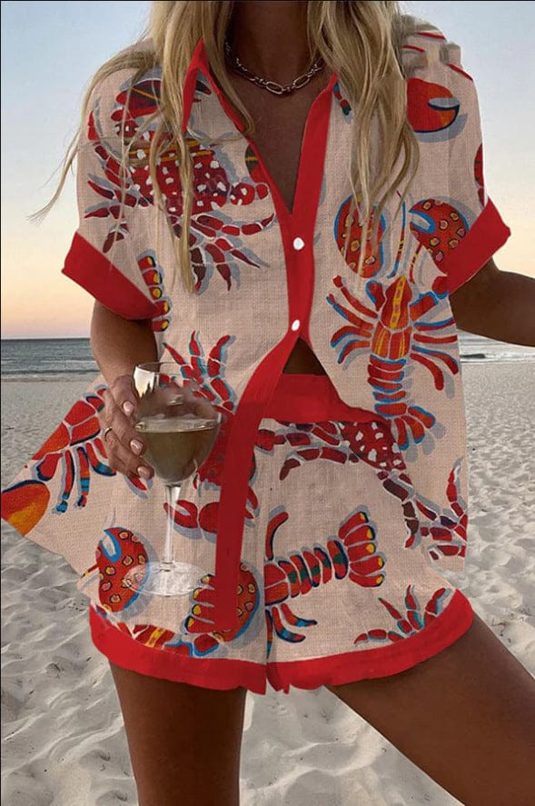 Conjunto Soleil™: camisa corta roja y blanca con estampado de peces y botones