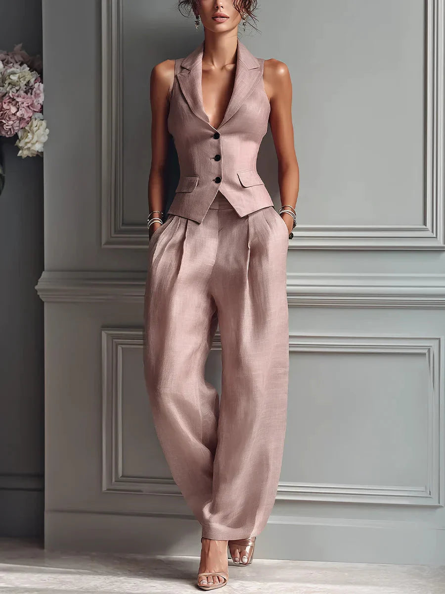 Conjunto de dos piezas rosa: chaleco abotonado y pantalón de tiro alto