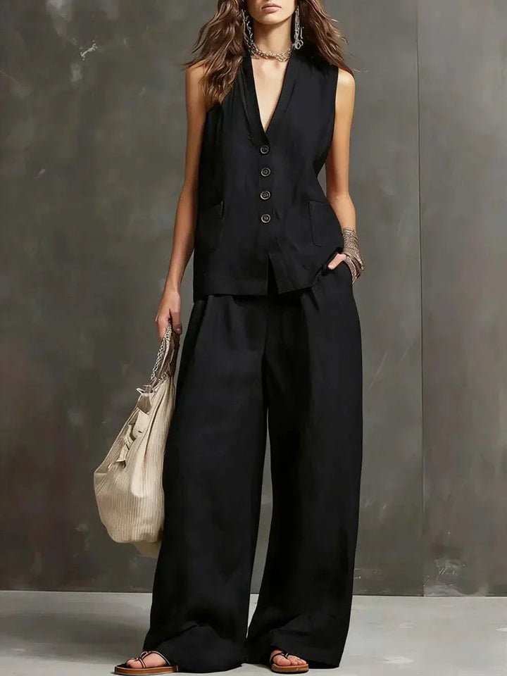 Conjunto de chaleco sin mangas negro con botones y pantalón de pernera ancha