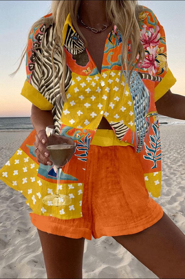 Conjunto de blusa y pantalón corto patchwork amarillo y naranja con estampado floral