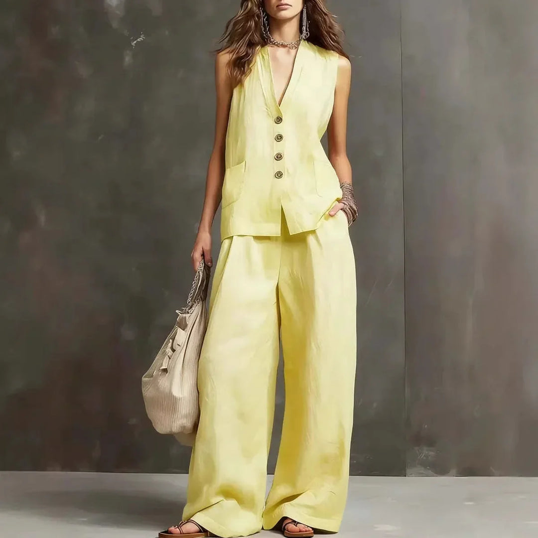 Conjunto de chaleco sin mangas amarillo con botones y pantalón de pernera ancha