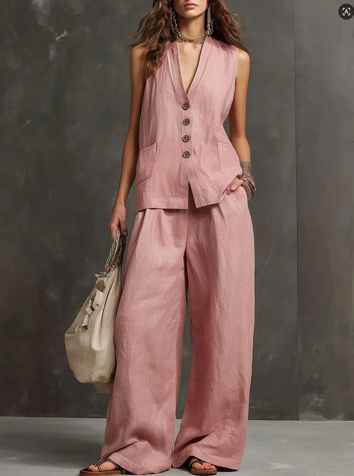 Conjunto de chaleco sin mangas rosa con botones y pantalón de pernera ancha