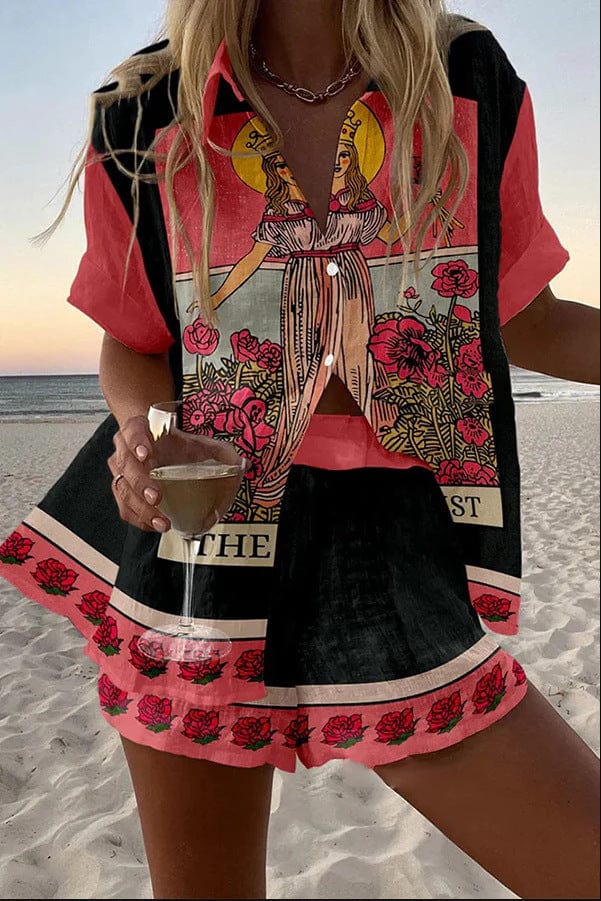 Conjunto Malaya™ con vestido estampado pennellata rojo y negro, botones frontales