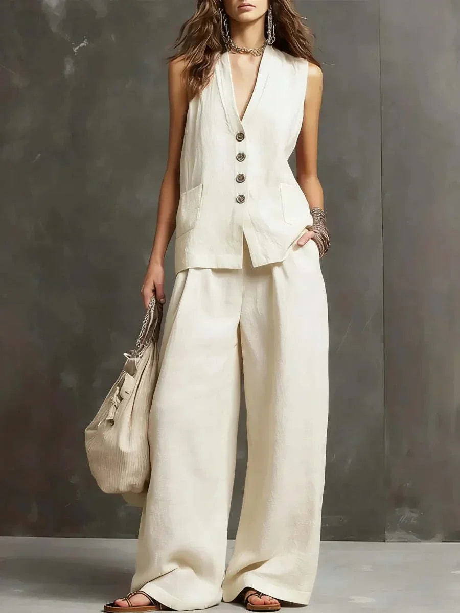 Conjunto de chaleco sin mangas blanco con botones y pantalón de pernera ancha