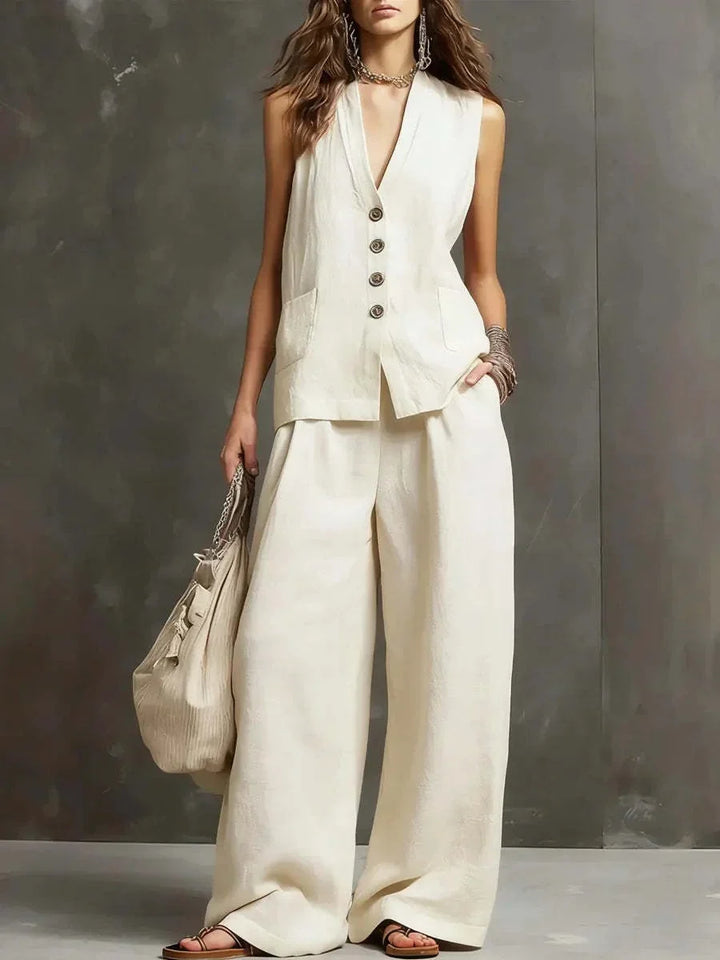 Conjunto de chaleco sin mangas blanco con botones y pantalón de pernera ancha