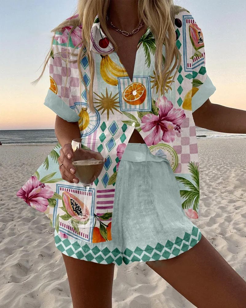 Conjunto de blusa y falda corta de algodón, estampado tropical con flores y frutas multicolor