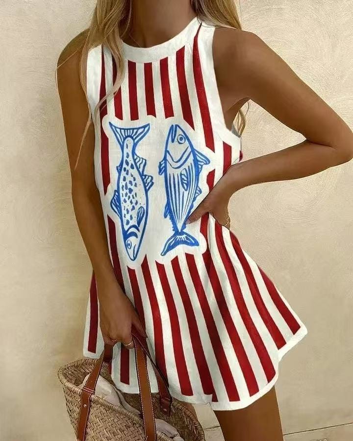 Vestido corto Pearl™ sin mangas con rayas rojas y blancas y estampado de peces azules