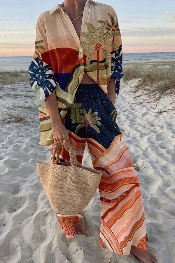 Vestido tipo kaftán largo de mujer con estampado tropical multicolor y escote en V