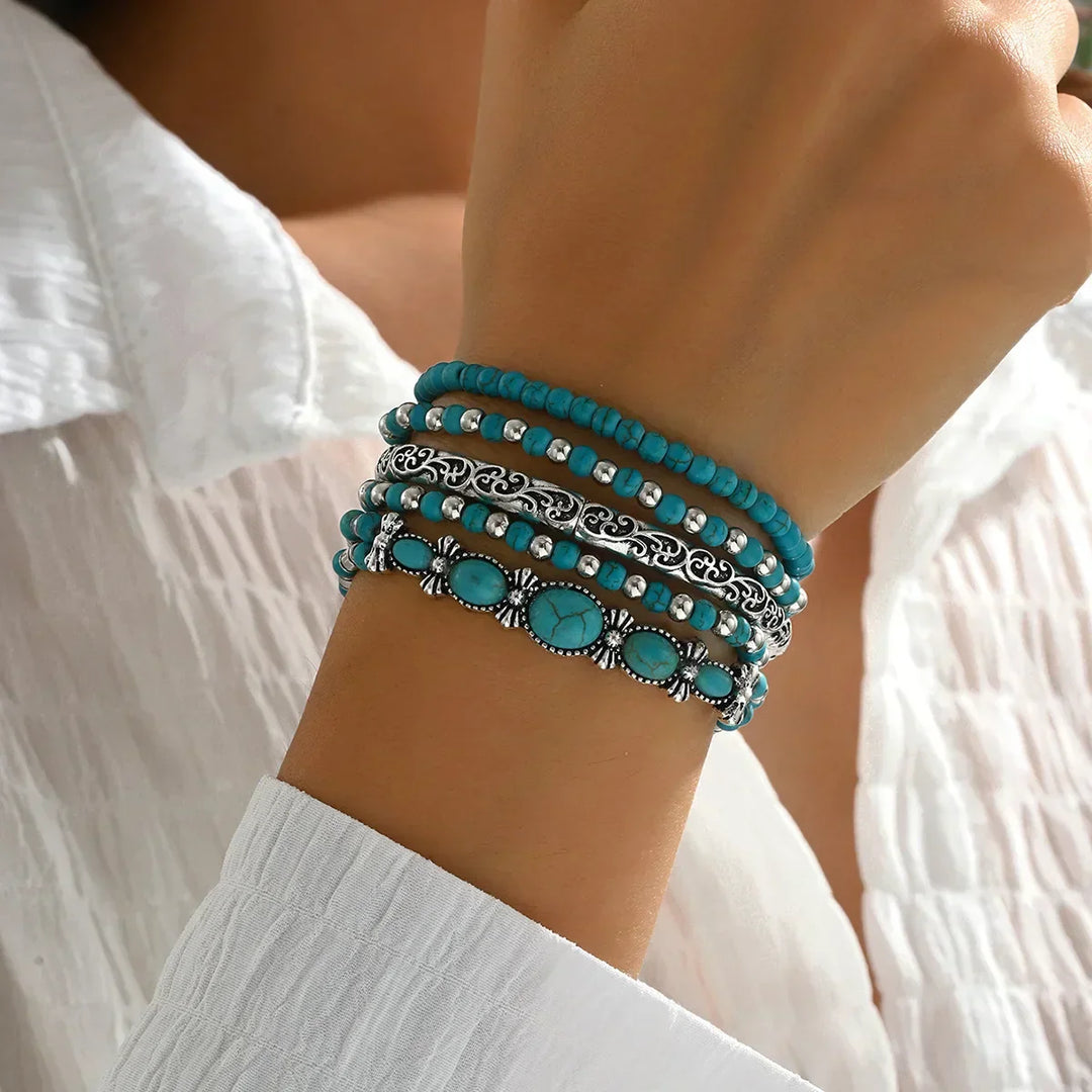 Set de pulseras boho con perlas turquesas