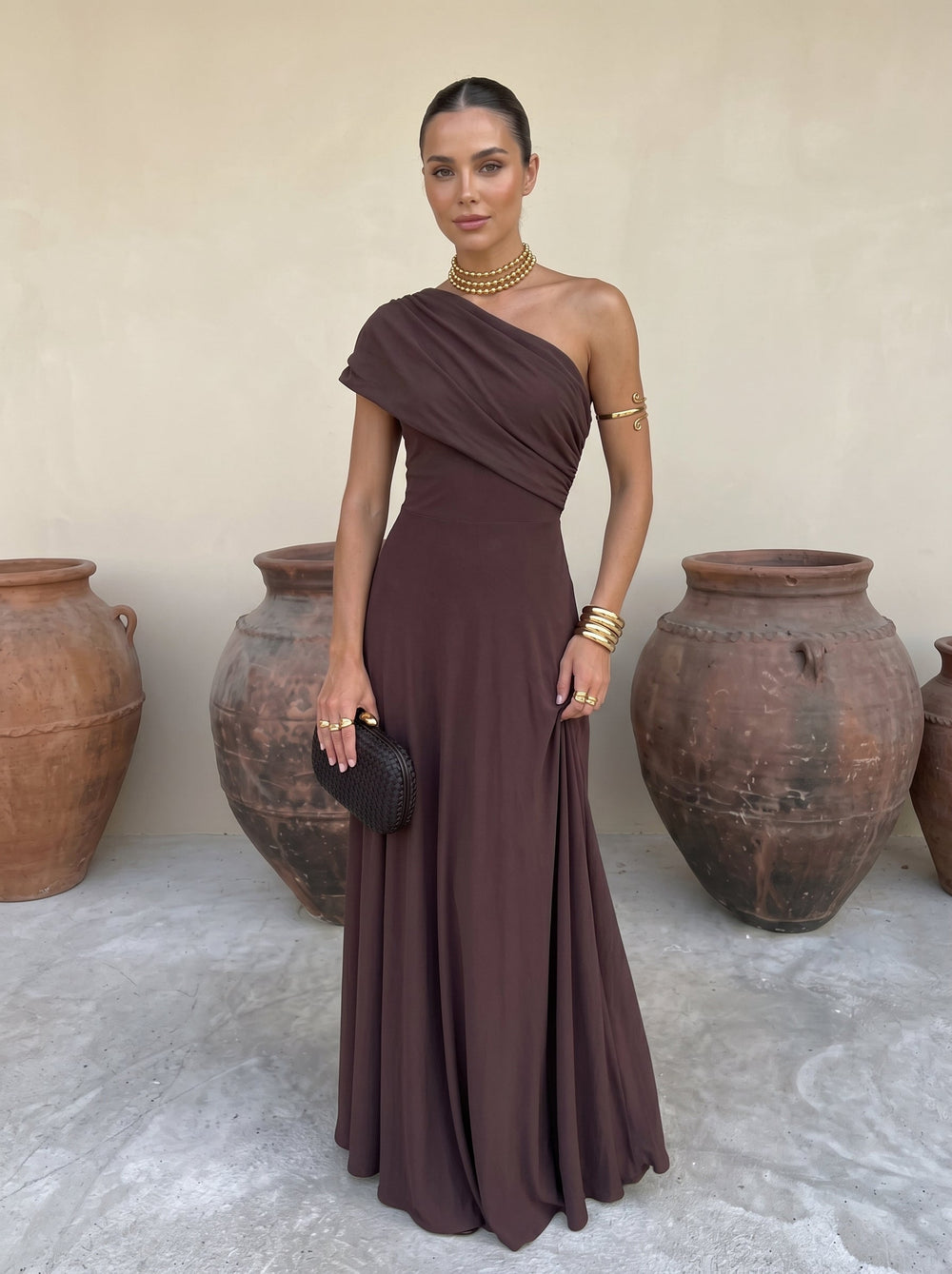 Inés – Vestido Largo Hombro Caído Terracota - Musa de Ibiza