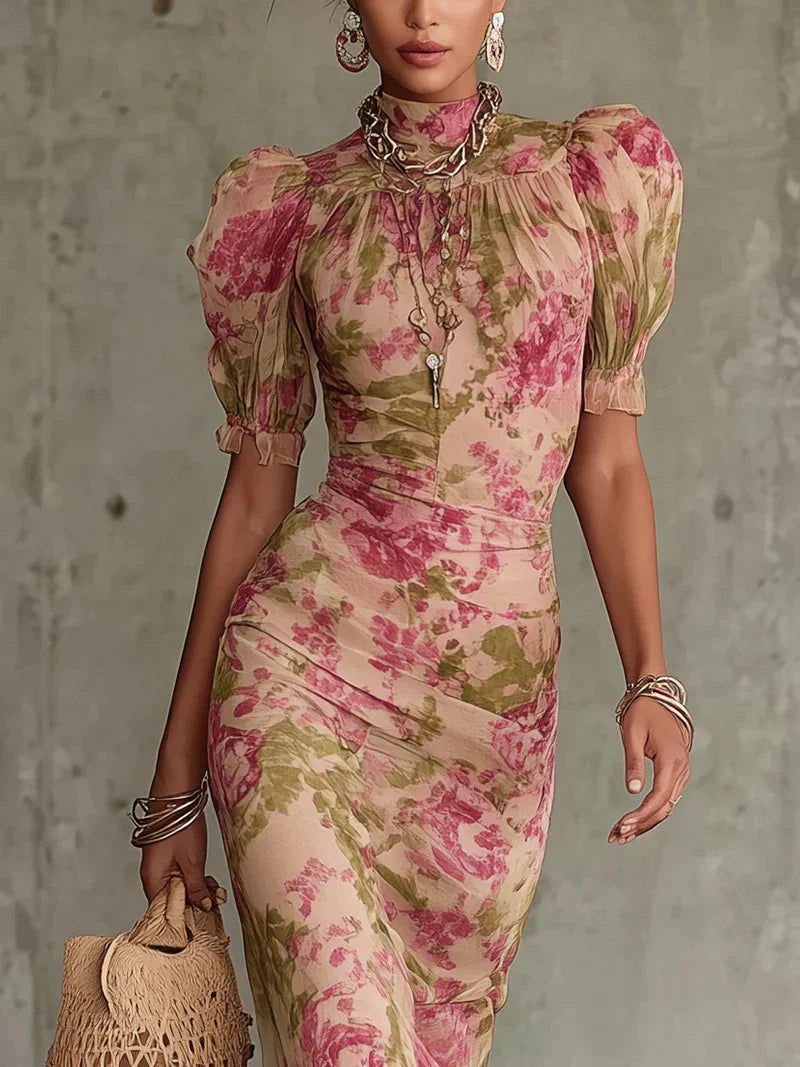 Vestido maxi floral vintage rosa con cuello alto y mangas abullonadas tipo globo
