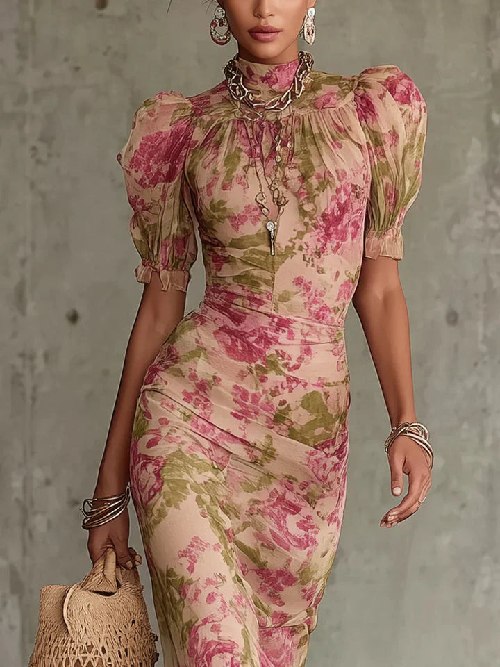 Vestido maxi floral vintage rosa con cuello alto y mangas abullonadas tipo globo