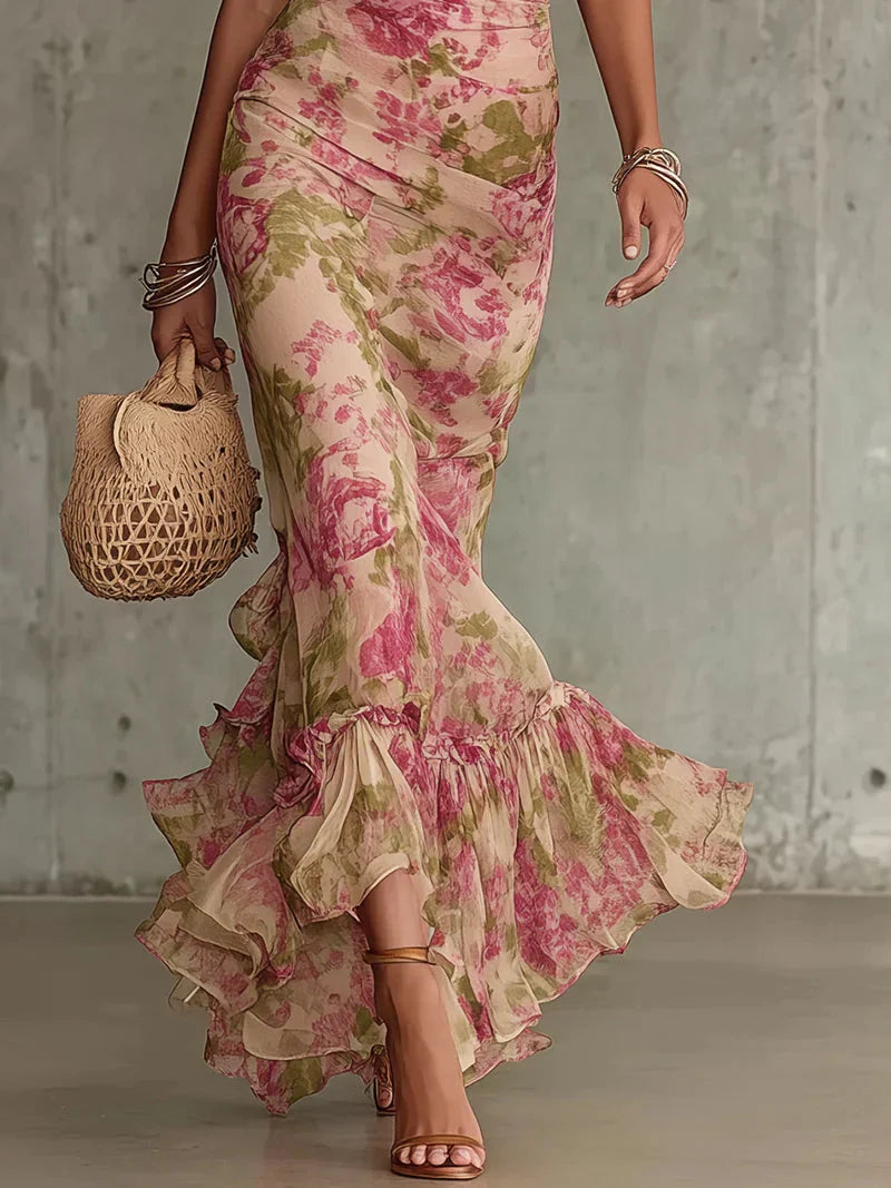 Vestido maxi rosa floral con falda de volantes y mangas abullonadas