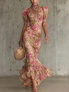 Eugenia Vestido Maxi con Estampado Floral Vintage Rosa y Mangas Abullonadas (Accesorios no incluidos)
