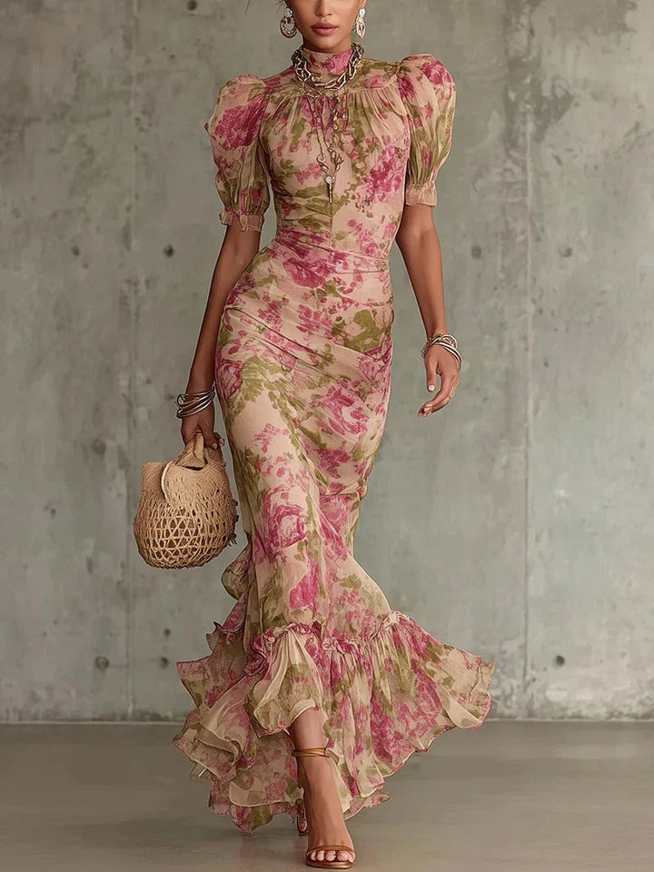 Vestido maxi con estampado floral vintage rosa, cuello alto y mangas abullonadas