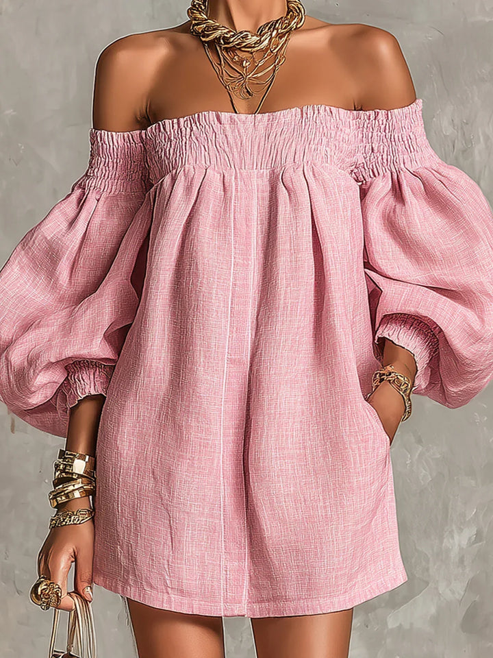 Vestido mini rosa con escote bardot y mangas farol, falda tipo línea A fruncida